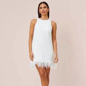 Adrianna Papell: SEQUINED TRAPEZE HALTER DRESS WITH FEATHER TRIM IN IVORY